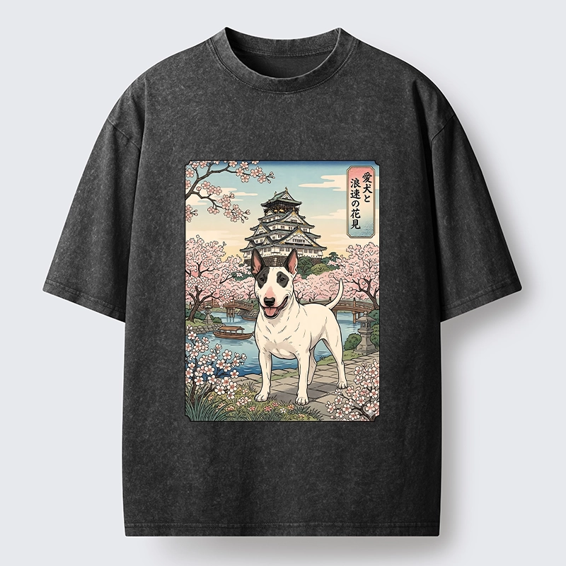 Tokyo-Tiger Ukiyo-e Bull Terrier Cherry Blossom Art Washed T-Shirt