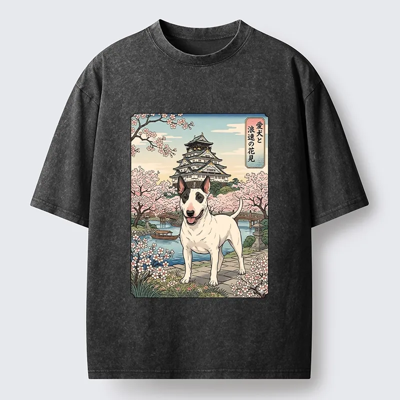 Tokyo-Tiger Ukiyo-e Bull Terrier Cherry Blossom Art Washed T-Shirt
