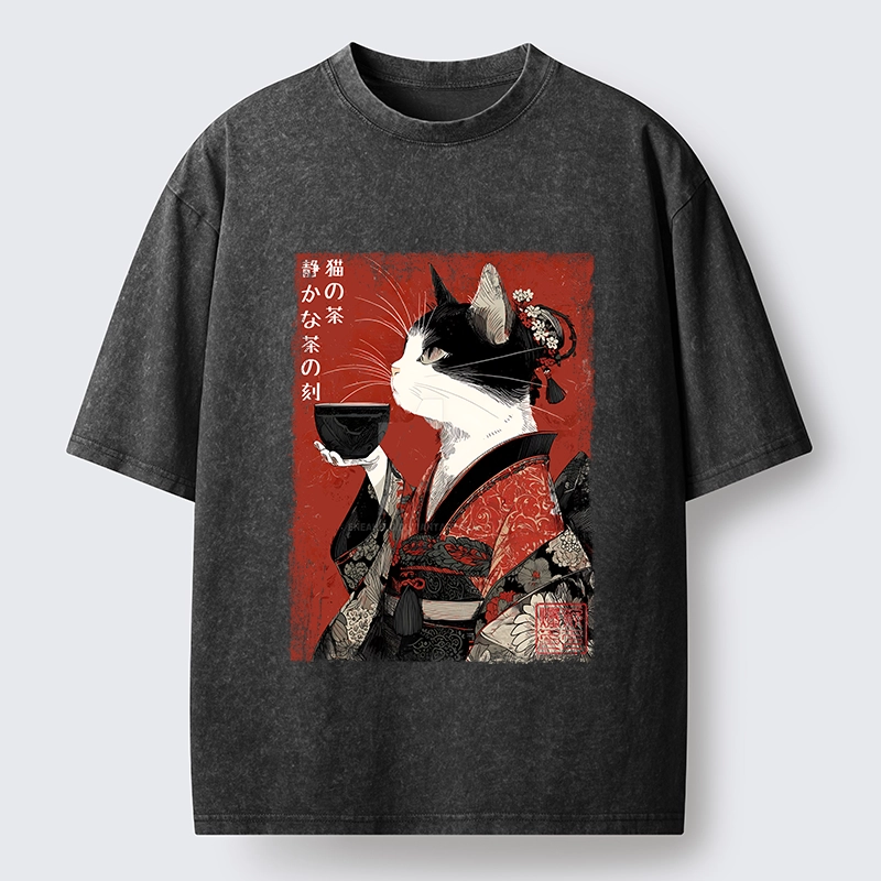 Tokyo-Tiger Kimono Tea Cat Red Vintage Ink Art Washed T-Shirt