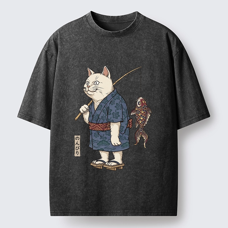 Tokyo-Tiger Kimono Cat Fishing Koi Fish Art Washed T-Shirt