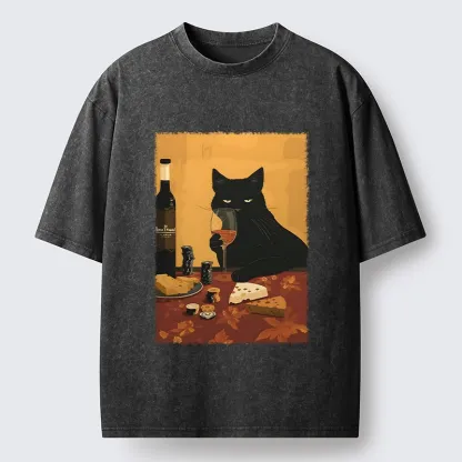 Tokyo-Tiger Chill Black Cat Wine Cheese Art Washed T-Shirt