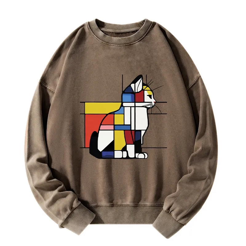 Tokyo-Tiger Geometric Cat Art In Primary Colors Washed Sweatshirt