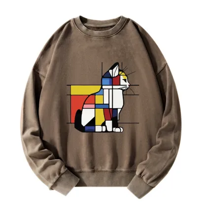 Tokyo-Tiger Geometric Cat Art In Primary Colors Washed Sweatshirt
