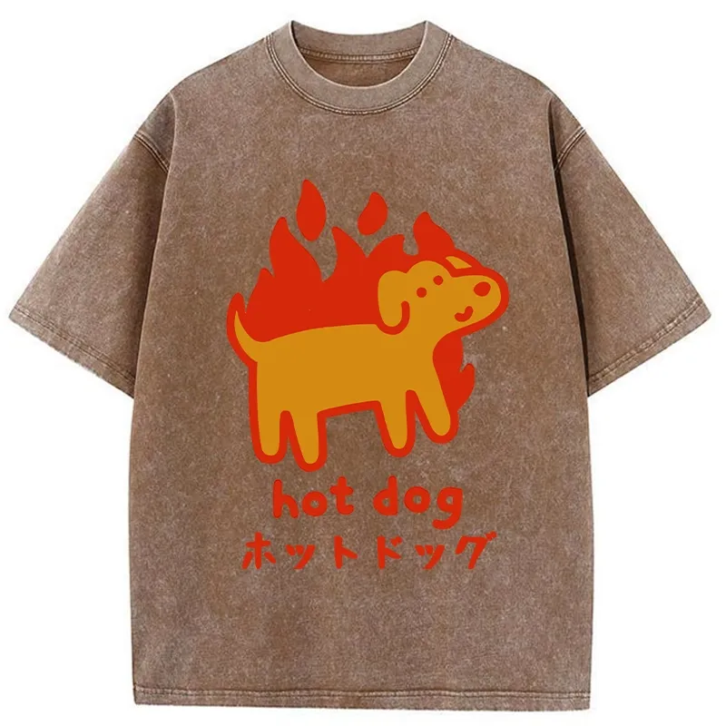 Tokyo-Tiger Funny Hot Dog Washed T-Shirt