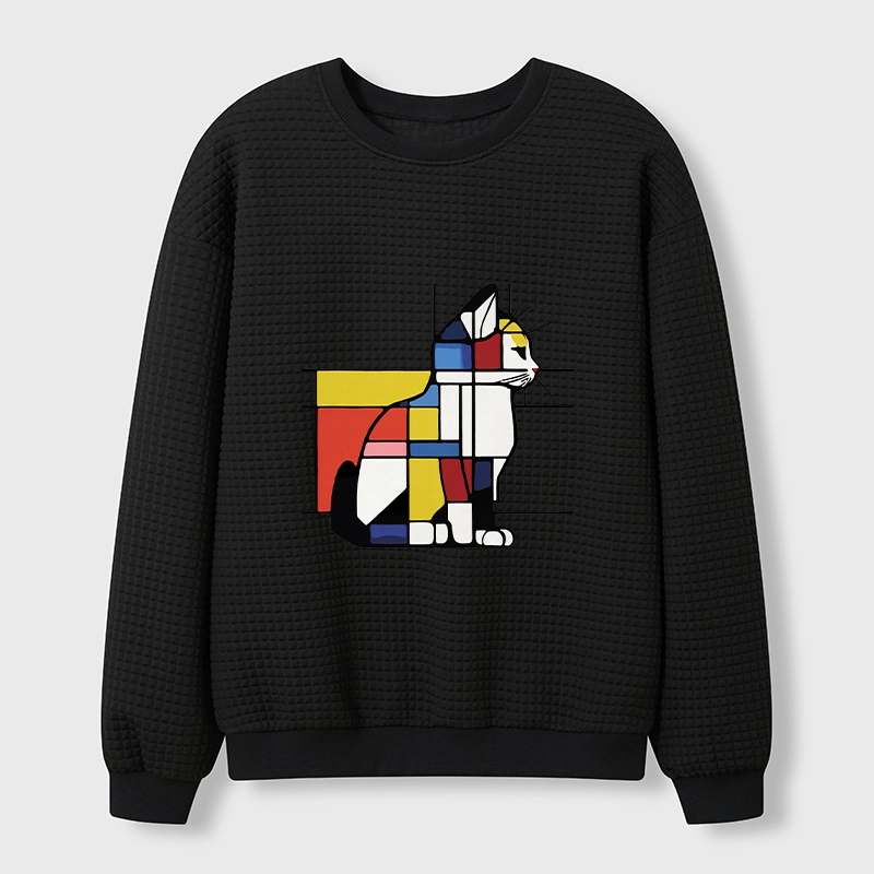 Tokyo-Tiger Geometric Cat Art In Primary Colors Waffle Sweatshirt