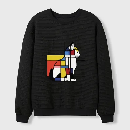 Tokyo-Tiger Geometric Cat Art In Primary Colors Waffle Sweatshirt