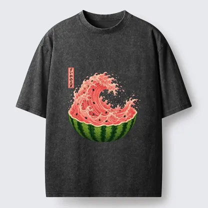 Tokyo-Tiger Watermelon Wave Summer Ukiyo Art Washed T-Shirt