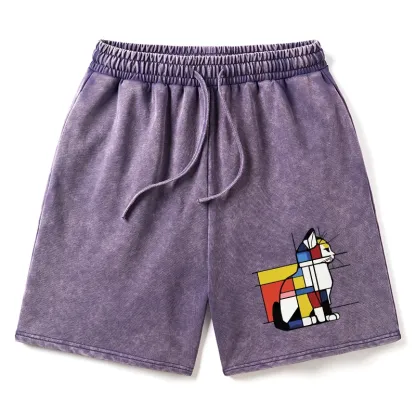 Tokyo-Tiger Geometric Cat Art In Primary Colors Washed Shorts