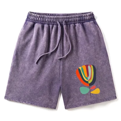 Tokyo-Tiger Colorful Flower Minimalist Print Washed Shorts