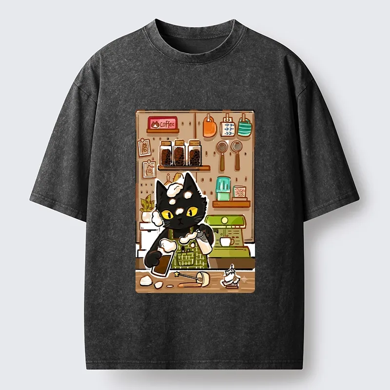 Tokyo-Tiger Black Cat Barista Makes Coffee Foam Washed T-Shirt