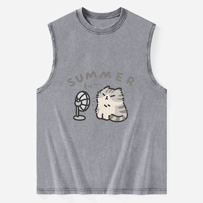 Tokyo-Tiger Summer Cat Chills With A Fan Washed Tank