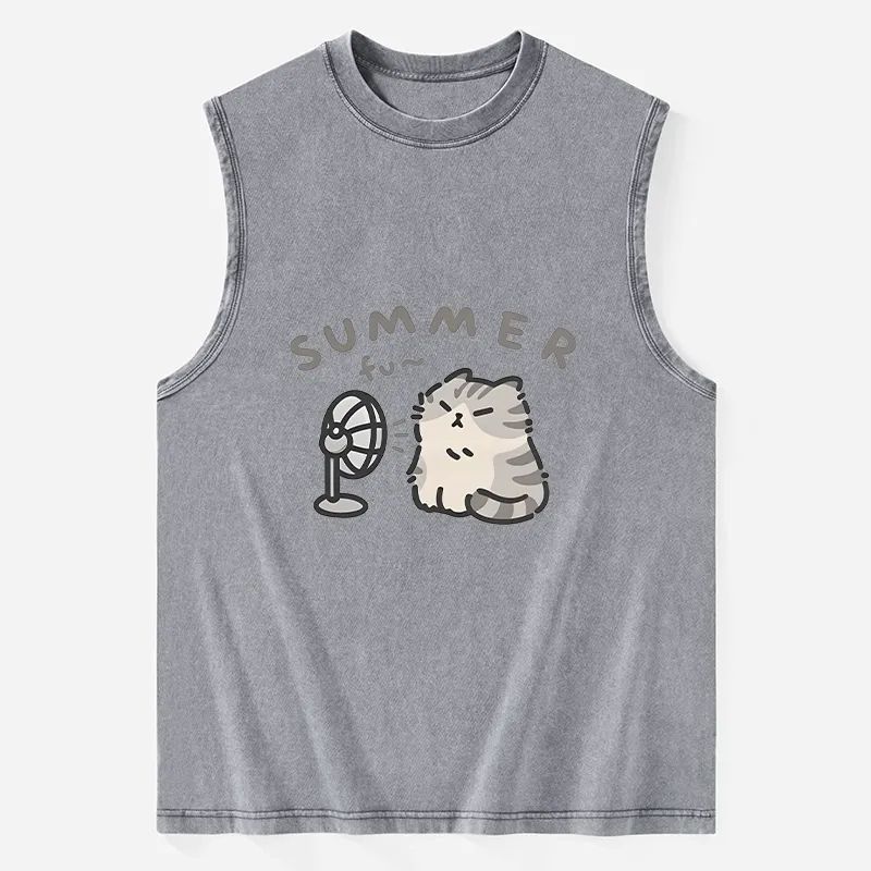 Tokyo-Tiger Summer Cat Chills With A Fan Washed Tank