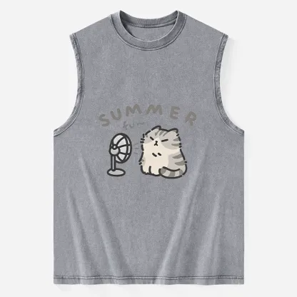 Tokyo-Tiger Summer Cat Chills With A Fan Washed Tank