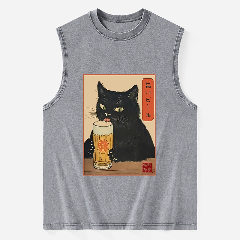 Tokyo-Tiger Cat Holding A Glass Of Beer Washed Tank