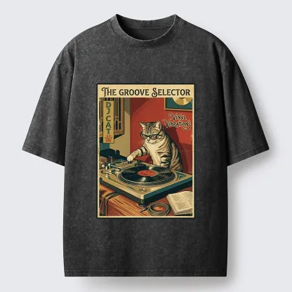Tokyo-Tiger Retro DJ Cat Vinyl Record Art Washed T-Shirt