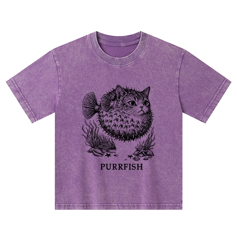 Tokyo-Tiger Spiky Puffer With Cute Cat Head Kids Washed T-Shirt