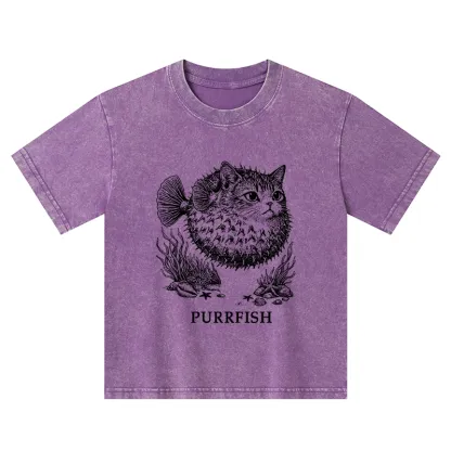 Tokyo-Tiger Spiky Puffer With Cute Cat Head Kids Washed T-Shirt