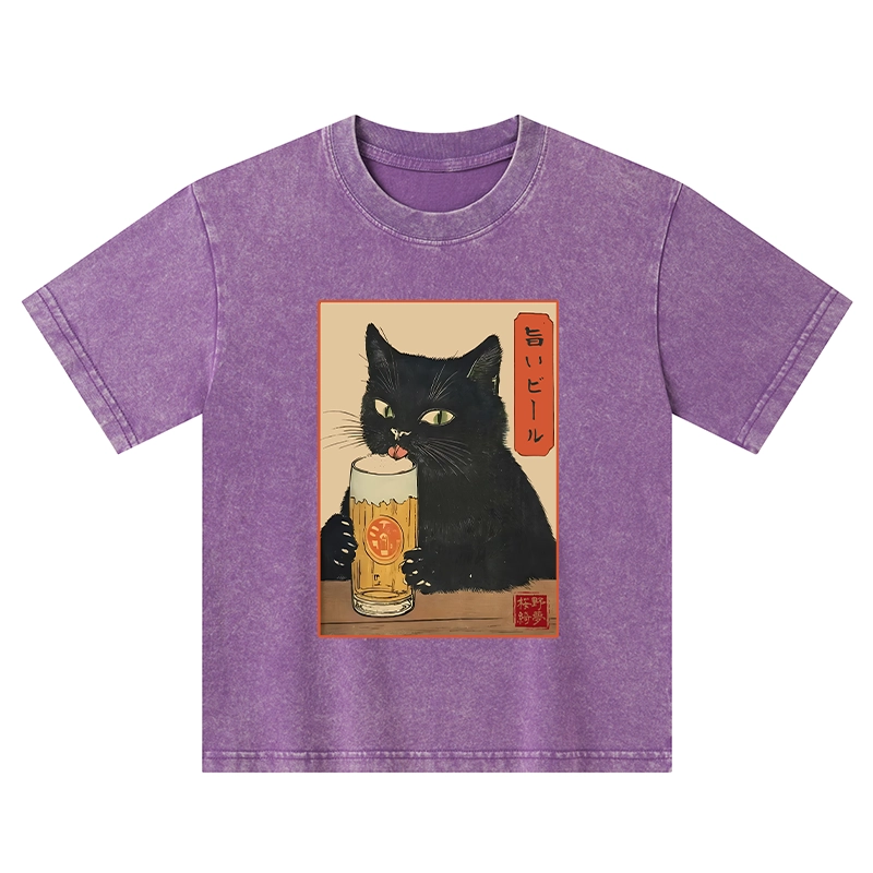 Tokyo-Tiger Cat Holding A Glass Of Beer Kids Washed T-Shirt