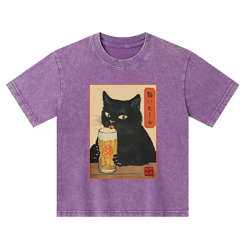Tokyo-Tiger Cat Holding A Glass Of Beer Kids Washed T-Shirt