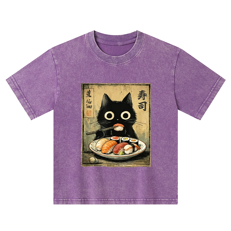 Tokyo-Tiger  Vintage Japanese Sushi Cat Kids Washed T-Shirt