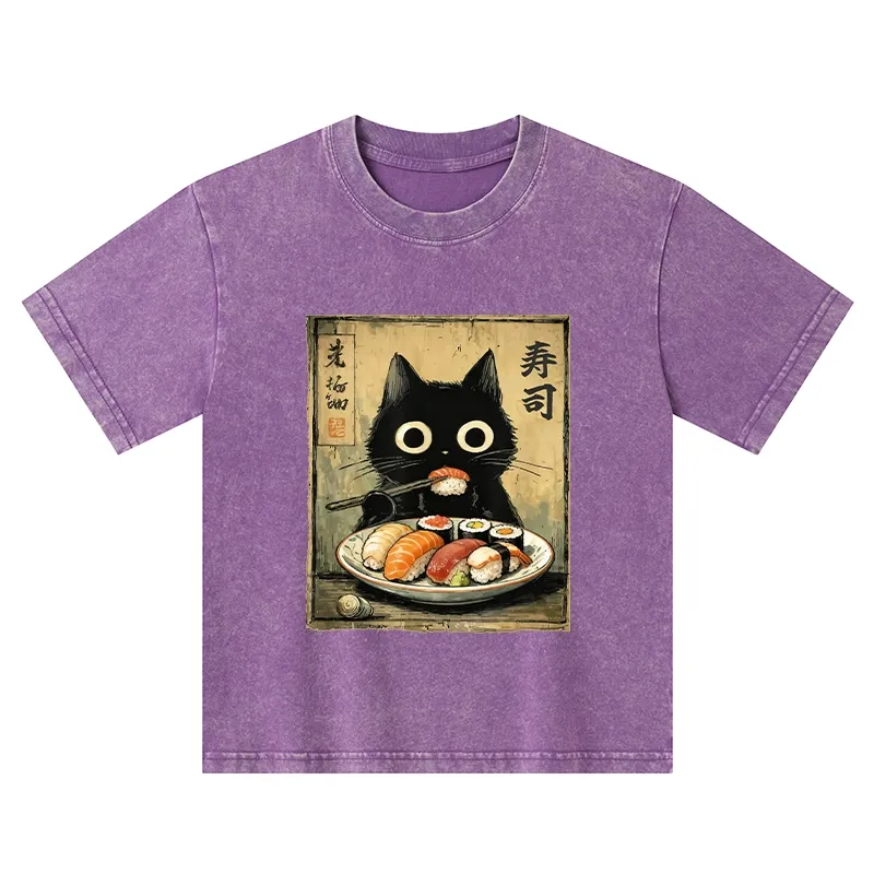 Tokyo-Tiger  Vintage Japanese Sushi Cat Kids Washed T-Shirt