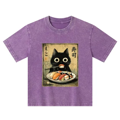 Tokyo-Tiger  Vintage Japanese Sushi Cat Kids Washed T-Shirt