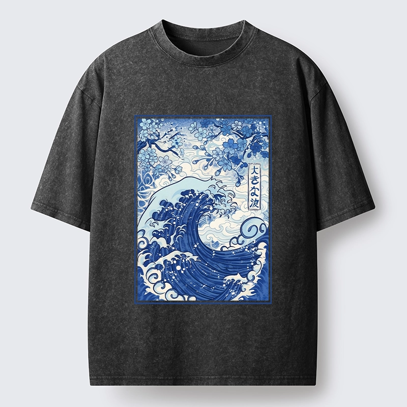 Tokyo-Tiger Vintage Japanese Wave Sakura Print Washed T-Shirt