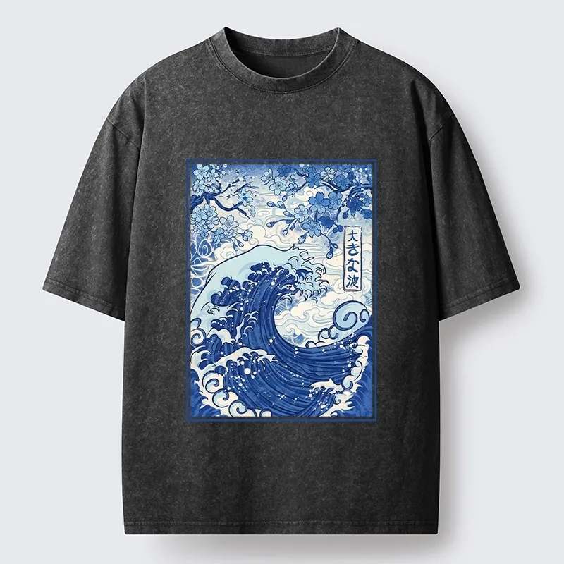 Tokyo-Tiger Vintage Japanese Wave Sakura Print Washed T-Shirt