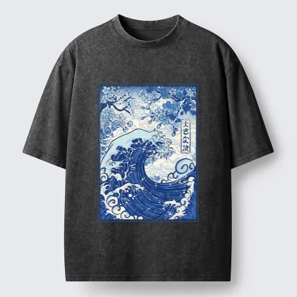 Tokyo-Tiger Vintage Japanese Wave Sakura Print Washed T-Shirt
