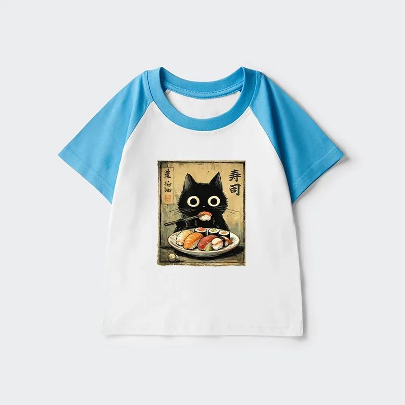 Tokyo-Tiger Vintage Japanese Sushi Cat Kids Raglan T-shirt