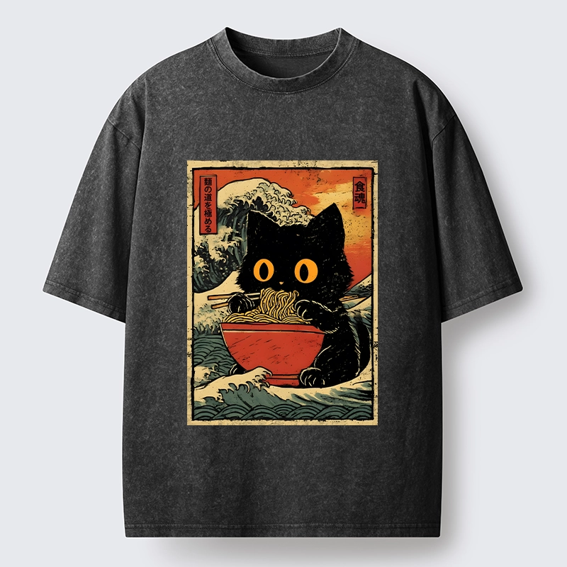 Tokyo-Tiger Cool Wave Art Cat Loves Ramen Bowl Washed T-Shirt