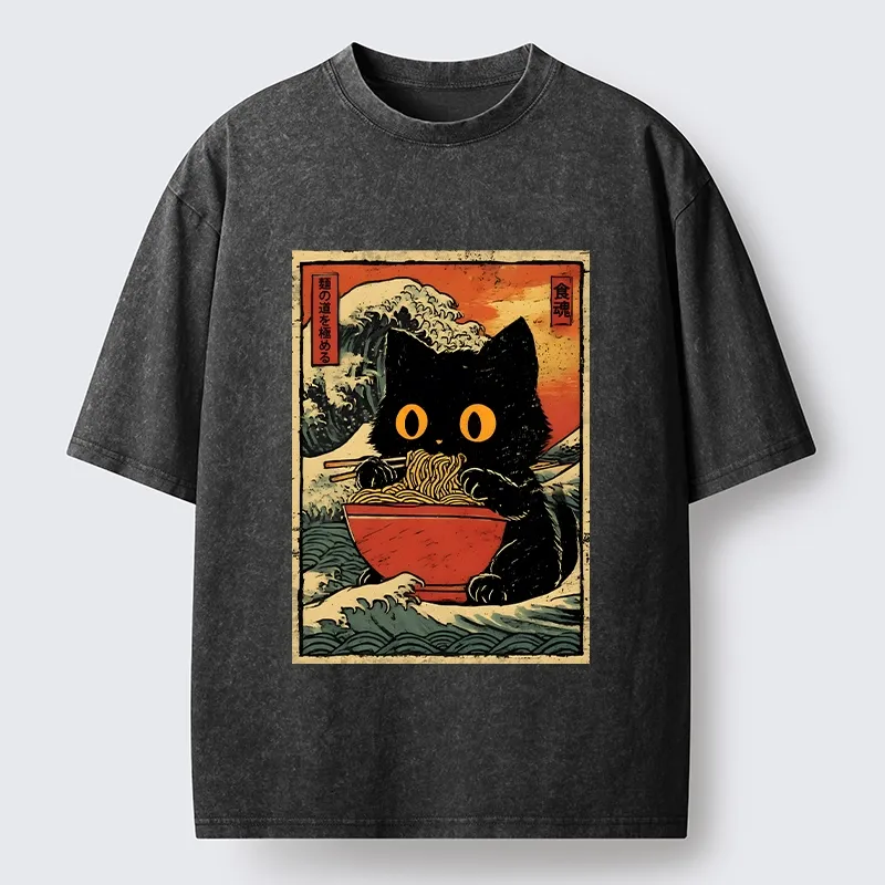 Tokyo-Tiger Cool Wave Art Cat Loves Ramen Bowl Washed T-Shirt