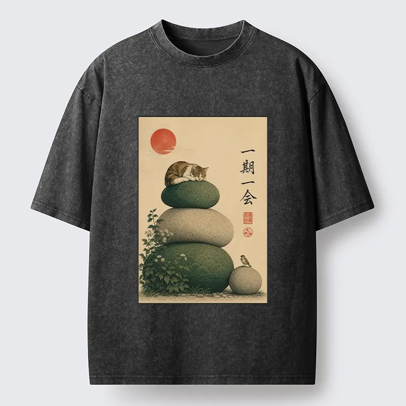 Tokyo-Tiger Peaceful Sleep Kitty Zen Garden Graphic Washed T-Shirt
