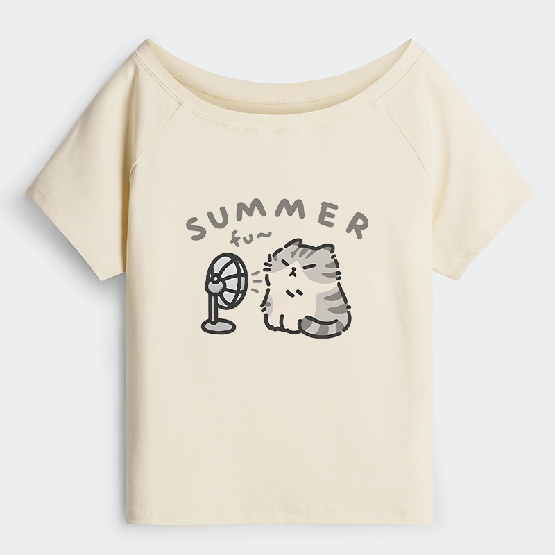 Tokyo-Tiger Summer Cat Chills With A Fan Off Shoulder T-Shirt
