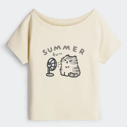 Tokyo-Tiger Summer Cat Chills With A Fan Off Shoulder T-Shirt