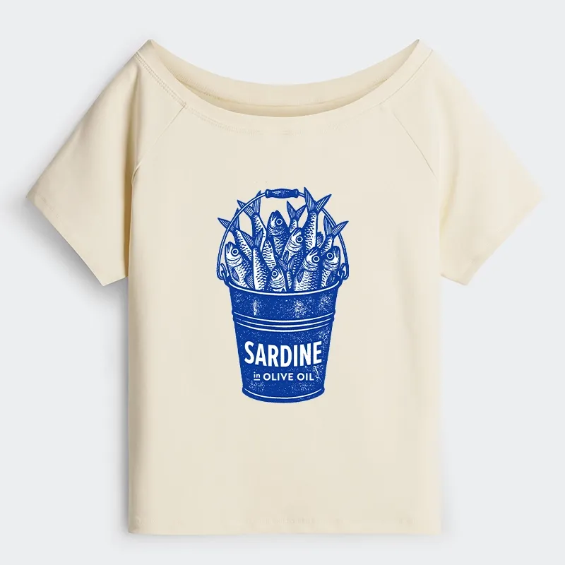 Tokyo-Tiger Vintage Bucket Full Of Fresh Sardines Off Shoulder T-Shirt