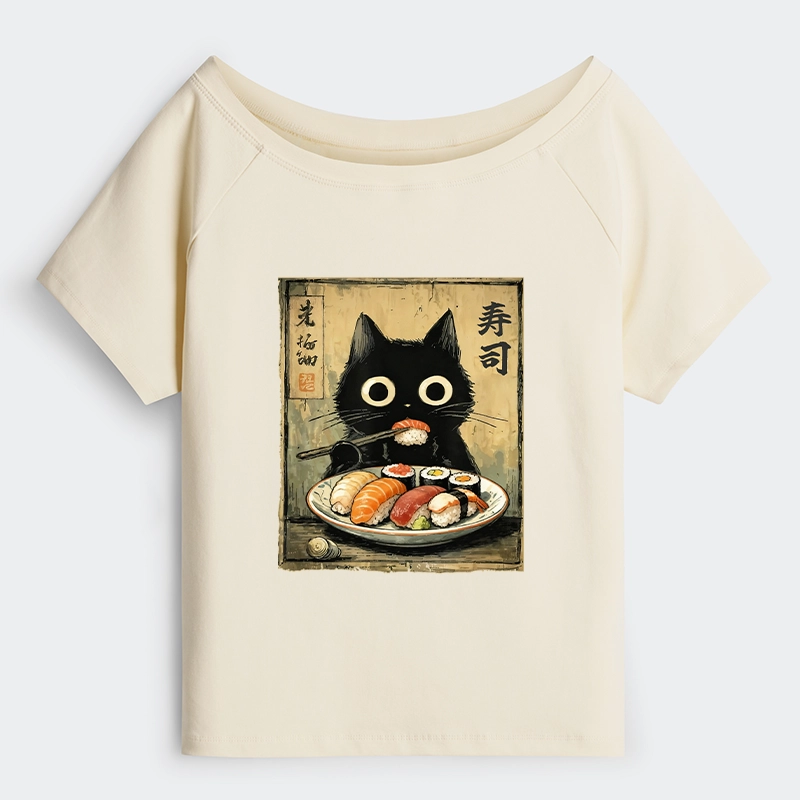 Tokyo-Tiger Vintage Japanese Sushi Cat Off Shoulder T-Shirt