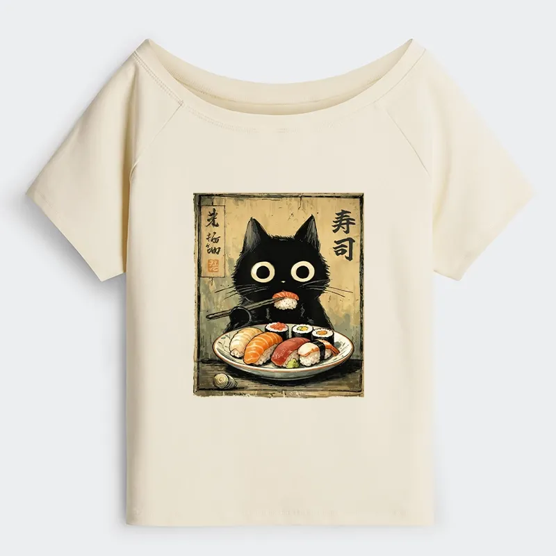 Tokyo-Tiger Vintage Japanese Sushi Cat Off Shoulder T-Shirt