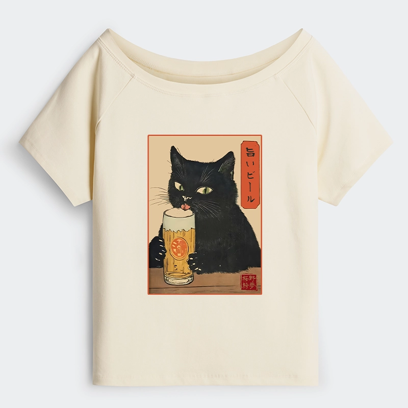 Tokyo-Tiger Cat Holding A Glass Of Beer Off Shoulder T-Shirt