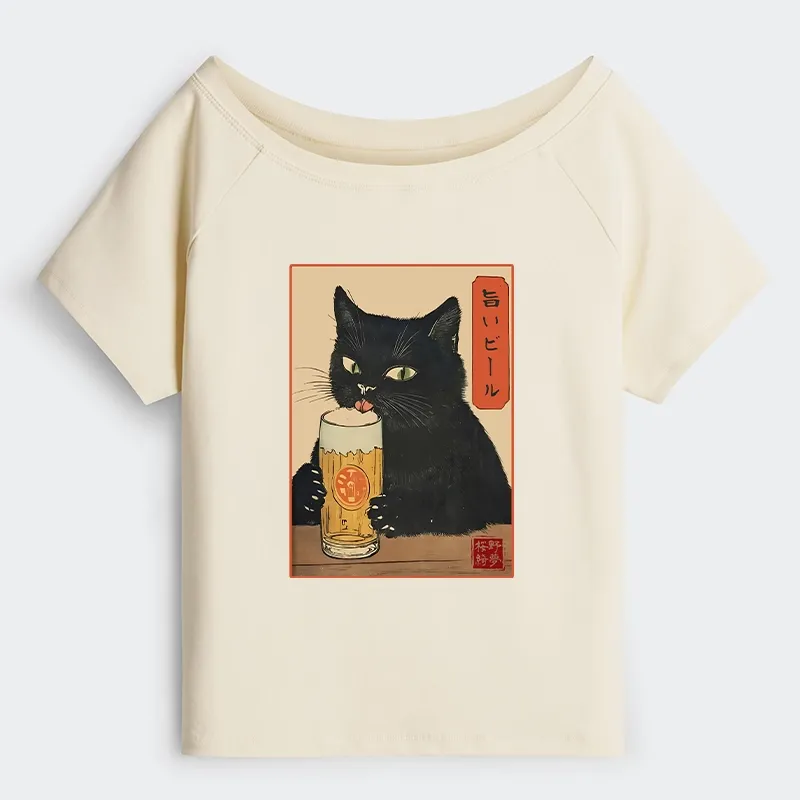Tokyo-Tiger Cat Holding A Glass Of Beer Off Shoulder T-Shirt