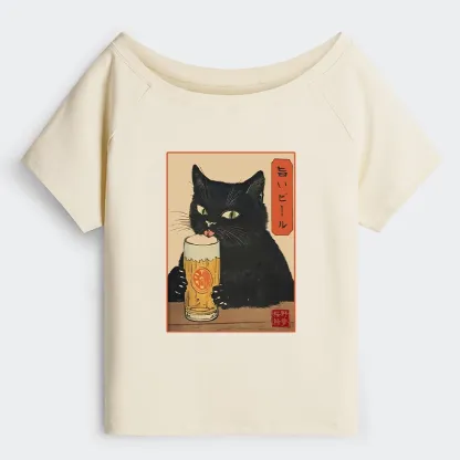 Tokyo-Tiger Cat Holding A Glass Of Beer Off Shoulder T-Shirt