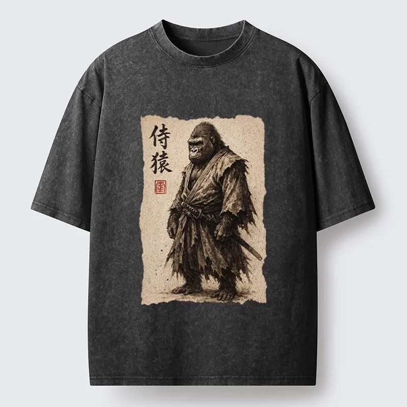 Tokyo-Tiger Samurai Gorilla Vintage Scroll Art Washed T-Shirt