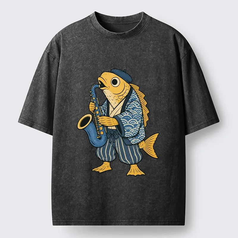 Tokyo-Tiger Jazz Sax Fish Vintage Japanese Ukiyo Art Washed T-Shirt