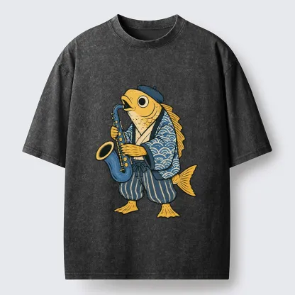 Tokyo-Tiger Jazz Sax Fish Vintage Japanese Ukiyo Art Washed T-Shirt