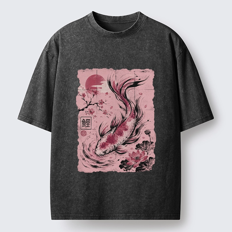 Tokyo-Tiger Sakura Lotus Koi Old Scroll Asian Tee Washed T-Shirt