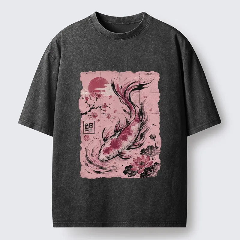 Tokyo-Tiger Sakura Lotus Koi Old Scroll Asian Tee Washed T-Shirt