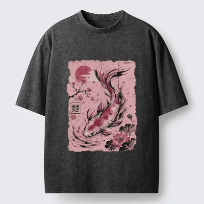 Tokyo-Tiger Sakura Lotus Koi Old Scroll Asian Tee Washed T-Shirt