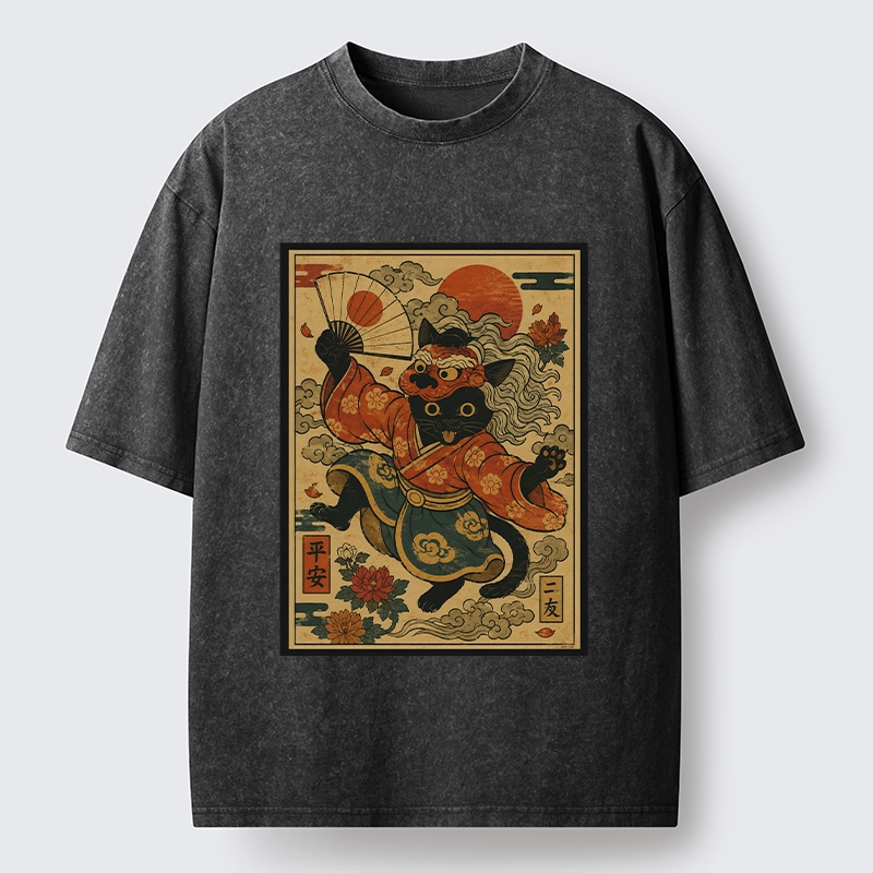 Tokyo-Tiger Kimono Cat Fan Peony Lucky Peace Print Washed T-Shirt