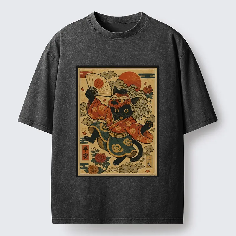 Tokyo-Tiger Kimono Cat Fan Peony Lucky Peace Print Washed T-Shirt