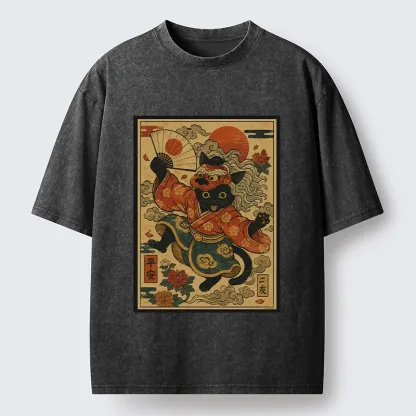 Tokyo-Tiger Kimono Cat Fan Peony Lucky Peace Print Washed T-Shirt